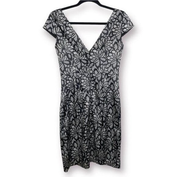 Maggy London Size 6 Black White Floral Lace Print Satin VNeck Sheath Event Dress - Picture 2 of 10